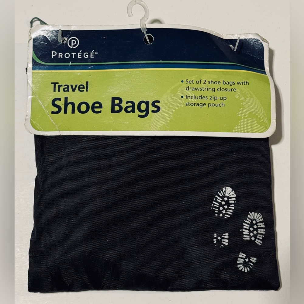 Protégé Black Travel Drawstring Shoe Bags with Zippered Storage Pouch, Set of 2